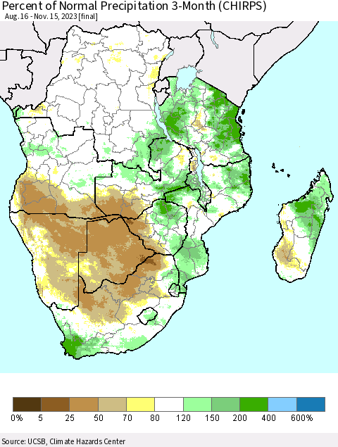 Southern Africa Percent of Normal Precipitation 3-Month (CHIRPS) Thematic Map For 8/16/2023 - 11/15/2023
