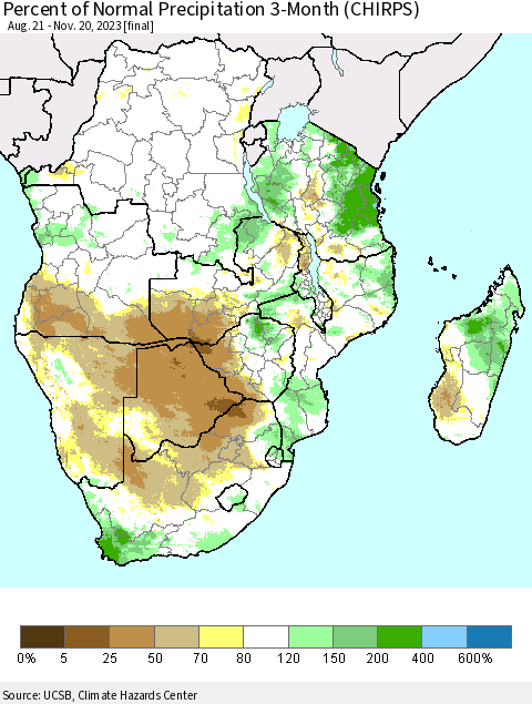 Southern Africa Percent of Normal Precipitation 3-Month (CHIRPS) Thematic Map For 8/21/2023 - 11/20/2023