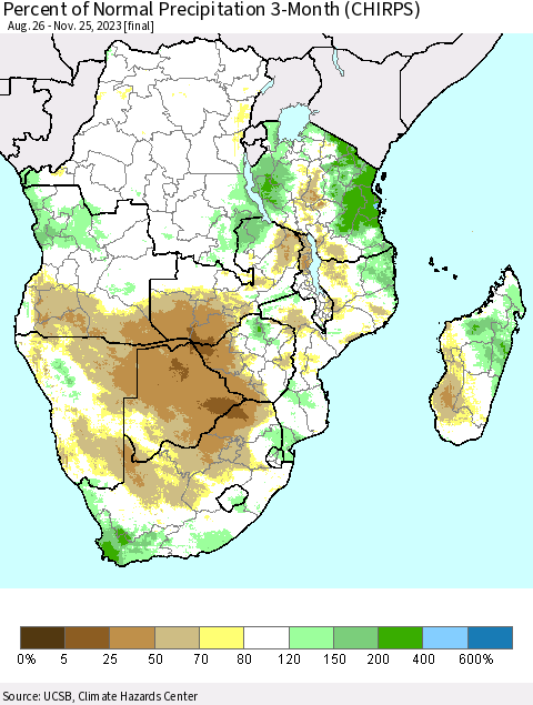 Southern Africa Percent of Normal Precipitation 3-Month (CHIRPS) Thematic Map For 8/26/2023 - 11/25/2023