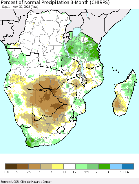 Southern Africa Percent of Normal Precipitation 3-Month (CHIRPS) Thematic Map For 9/1/2023 - 11/30/2023