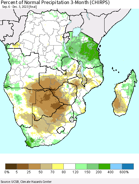 Southern Africa Percent of Normal Precipitation 3-Month (CHIRPS) Thematic Map For 9/6/2023 - 12/5/2023