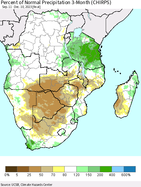Southern Africa Percent of Normal Precipitation 3-Month (CHIRPS) Thematic Map For 9/11/2023 - 12/10/2023