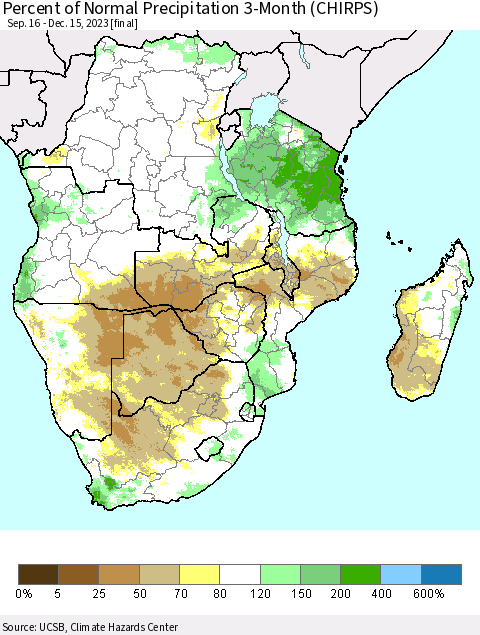 Southern Africa Percent of Normal Precipitation 3-Month (CHIRPS) Thematic Map For 9/16/2023 - 12/15/2023