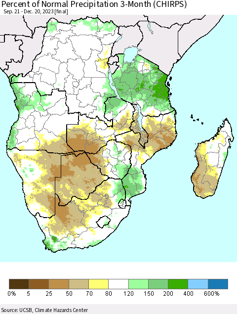 Southern Africa Percent of Normal Precipitation 3-Month (CHIRPS) Thematic Map For 9/21/2023 - 12/20/2023