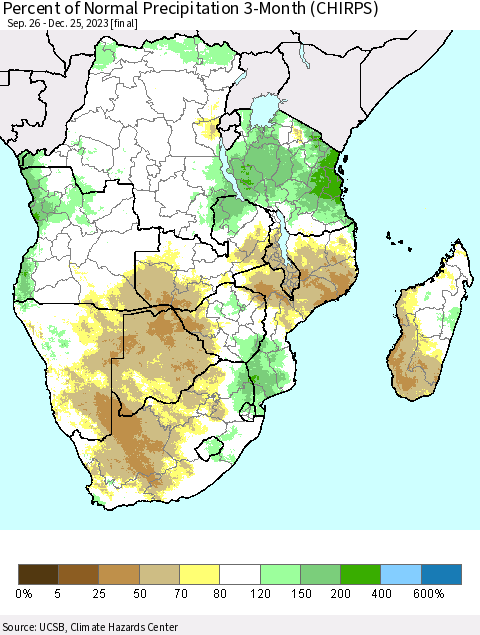 Southern Africa Percent of Normal Precipitation 3-Month (CHIRPS) Thematic Map For 9/26/2023 - 12/25/2023