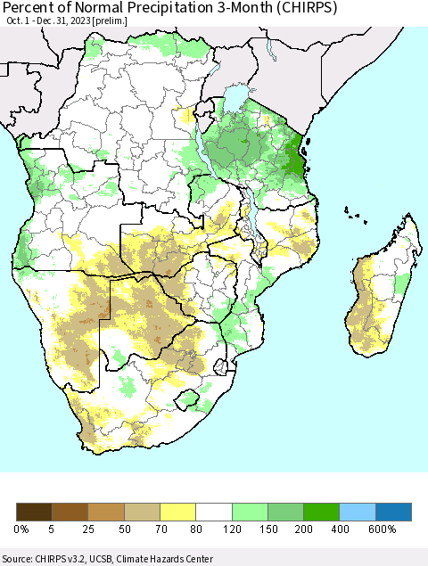 Southern Africa Percent of Normal Precipitation 3-Month (CHIRPS) Thematic Map For 10/1/2023 - 12/31/2023