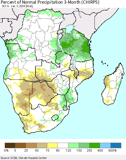 Southern Africa Percent of Normal Precipitation 3-Month (CHIRPS) Thematic Map For 10/6/2023 - 1/5/2024