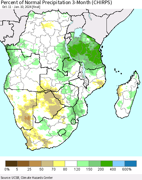 Southern Africa Percent of Normal Precipitation 3-Month (CHIRPS) Thematic Map For 10/11/2023 - 1/10/2024