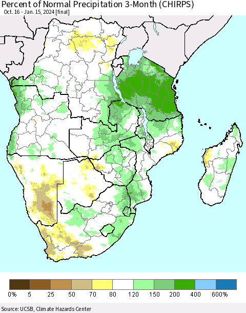Southern Africa Percent of Normal Precipitation 3-Month (CHIRPS) Thematic Map For 10/16/2023 - 1/15/2024