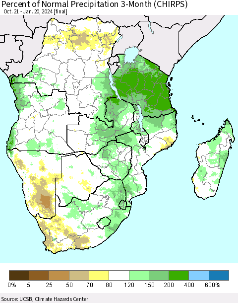 Southern Africa Percent of Normal Precipitation 3-Month (CHIRPS) Thematic Map For 10/21/2023 - 1/20/2024
