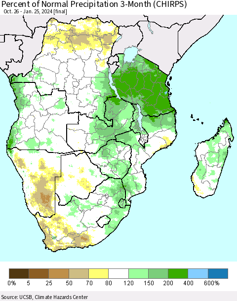 Southern Africa Percent of Normal Precipitation 3-Month (CHIRPS) Thematic Map For 10/26/2023 - 1/25/2024