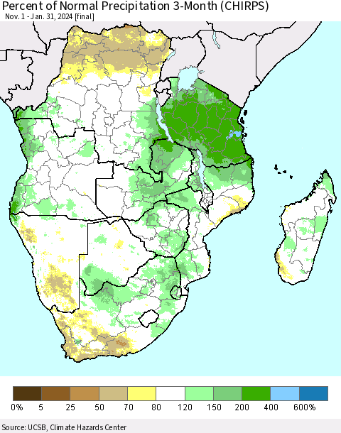 Southern Africa Percent of Normal Precipitation 3-Month (CHIRPS) Thematic Map For 11/1/2023 - 1/31/2024