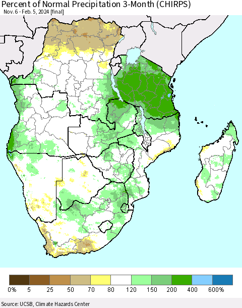 Southern Africa Percent of Normal Precipitation 3-Month (CHIRPS) Thematic Map For 11/6/2023 - 2/5/2024