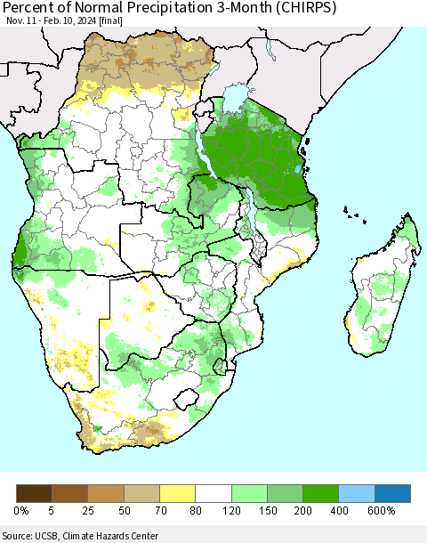 Southern Africa Percent of Normal Precipitation 3-Month (CHIRPS) Thematic Map For 11/11/2023 - 2/10/2024