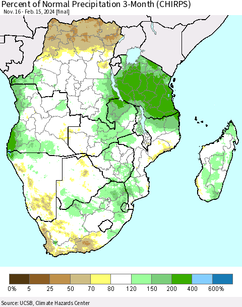 Southern Africa Percent of Normal Precipitation 3-Month (CHIRPS) Thematic Map For 11/16/2023 - 2/15/2024
