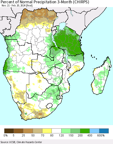 Southern Africa Percent of Normal Precipitation 3-Month (CHIRPS) Thematic Map For 11/21/2023 - 2/20/2024