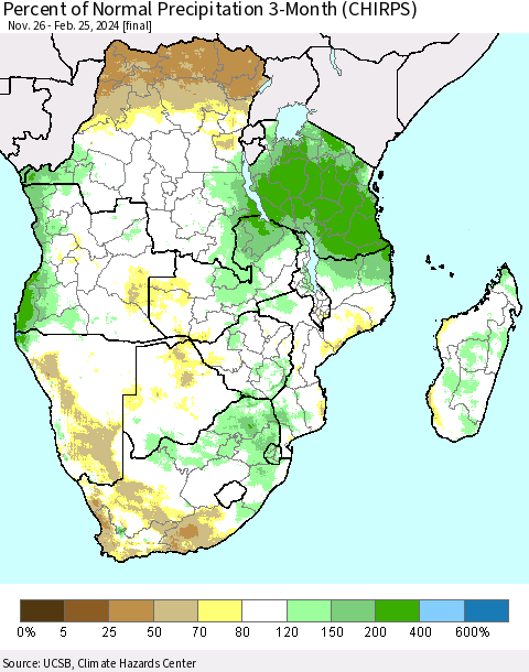 Southern Africa Percent of Normal Precipitation 3-Month (CHIRPS) Thematic Map For 11/26/2023 - 2/25/2024