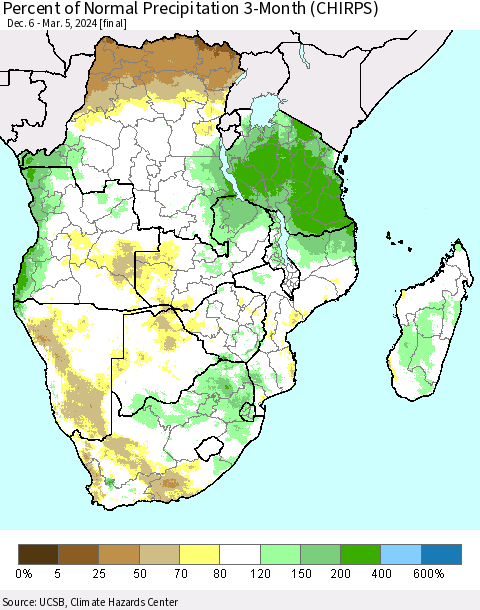 Southern Africa Percent of Normal Precipitation 3-Month (CHIRPS) Thematic Map For 12/6/2023 - 3/5/2024