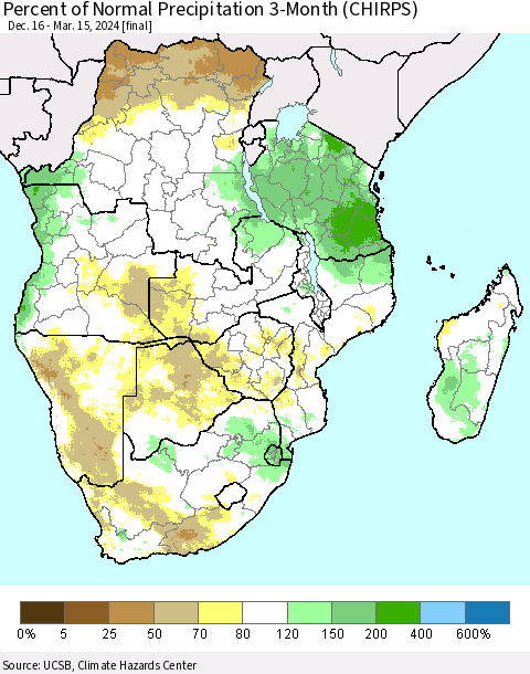 Southern Africa Percent of Normal Precipitation 3-Month (CHIRPS) Thematic Map For 12/16/2023 - 3/15/2024