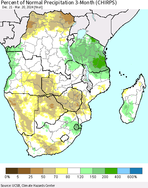 Southern Africa Percent of Normal Precipitation 3-Month (CHIRPS) Thematic Map For 12/21/2023 - 3/20/2024