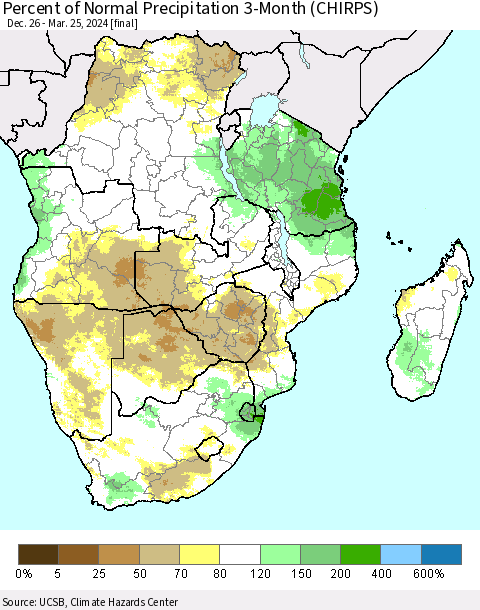 Southern Africa Percent of Normal Precipitation 3-Month (CHIRPS) Thematic Map For 12/26/2023 - 3/25/2024