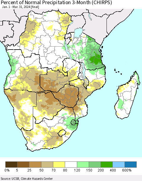 Southern Africa Percent of Normal Precipitation 3-Month (CHIRPS) Thematic Map For 1/1/2024 - 3/31/2024