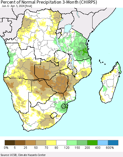 Southern Africa Percent of Normal Precipitation 3-Month (CHIRPS) Thematic Map For 1/6/2024 - 4/5/2024