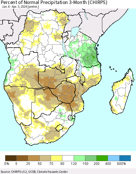 Southern Africa Percent of Normal Precipitation 3-Month (CHIRPS) Thematic Map For 1/6/2024 - 4/5/2024