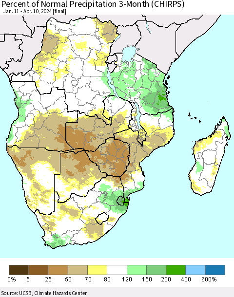 Southern Africa Percent of Normal Precipitation 3-Month (CHIRPS) Thematic Map For 1/11/2024 - 4/10/2024