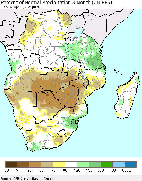 Southern Africa Percent of Normal Precipitation 3-Month (CHIRPS) Thematic Map For 1/16/2024 - 4/15/2024