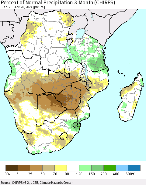 Southern Africa Percent of Normal Precipitation 3-Month (CHIRPS) Thematic Map For 1/21/2024 - 4/20/2024