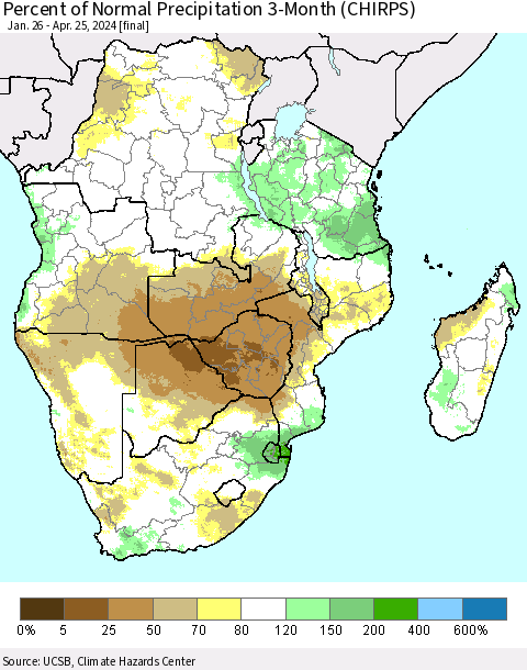 Southern Africa Percent of Normal Precipitation 3-Month (CHIRPS) Thematic Map For 1/26/2024 - 4/25/2024