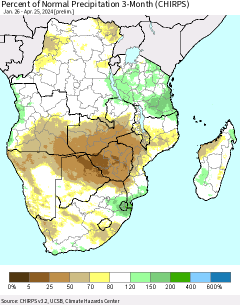Southern Africa Percent of Normal Precipitation 3-Month (CHIRPS) Thematic Map For 1/26/2024 - 4/25/2024