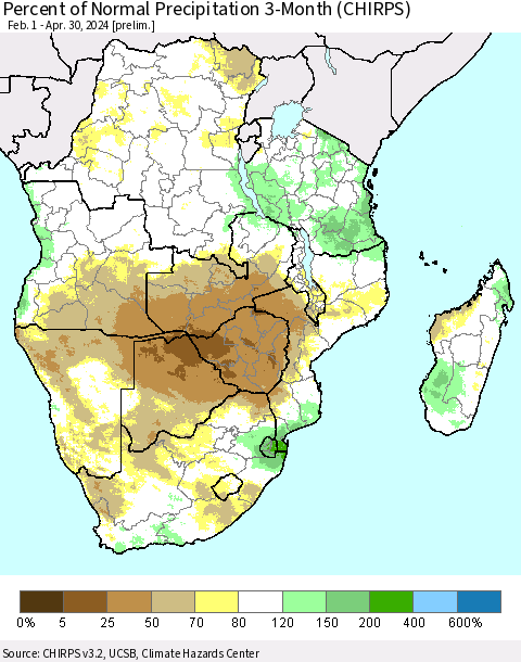 Southern Africa Percent of Normal Precipitation 3-Month (CHIRPS) Thematic Map For 2/1/2024 - 4/30/2024