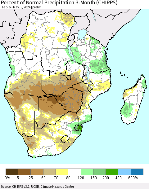 Southern Africa Percent of Normal Precipitation 3-Month (CHIRPS) Thematic Map For 2/6/2024 - 5/5/2024