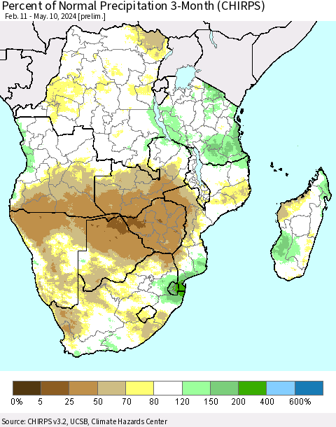Southern Africa Percent of Normal Precipitation 3-Month (CHIRPS) Thematic Map For 2/11/2024 - 5/10/2024