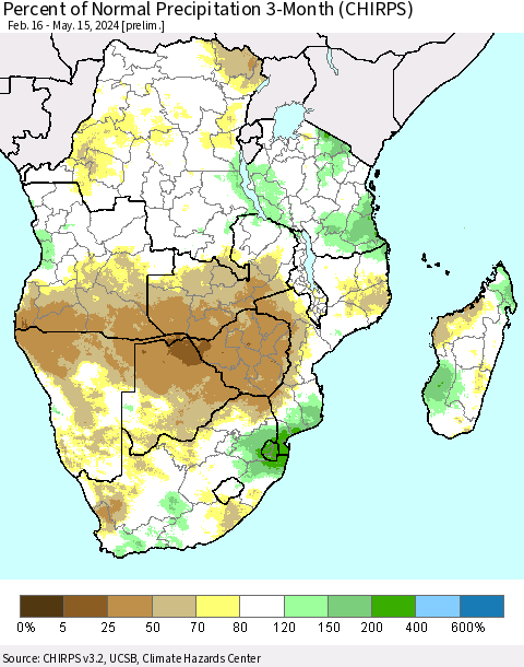 Southern Africa Percent of Normal Precipitation 3-Month (CHIRPS) Thematic Map For 2/16/2024 - 5/15/2024