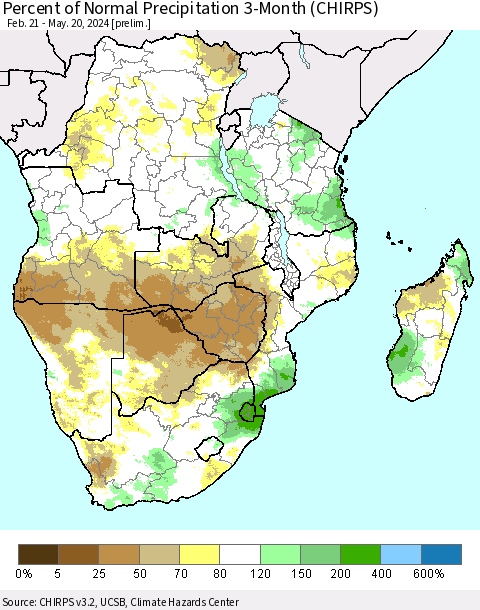 Southern Africa Percent of Normal Precipitation 3-Month (CHIRPS) Thematic Map For 2/21/2024 - 5/20/2024