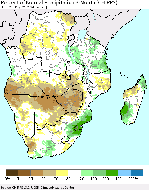 Southern Africa Percent of Normal Precipitation 3-Month (CHIRPS) Thematic Map For 2/26/2024 - 5/25/2024