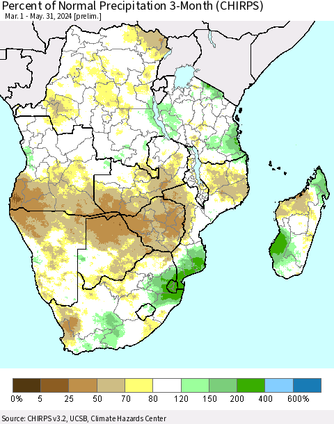 Southern Africa Percent of Normal Precipitation 3-Month (CHIRPS) Thematic Map For 3/1/2024 - 5/31/2024