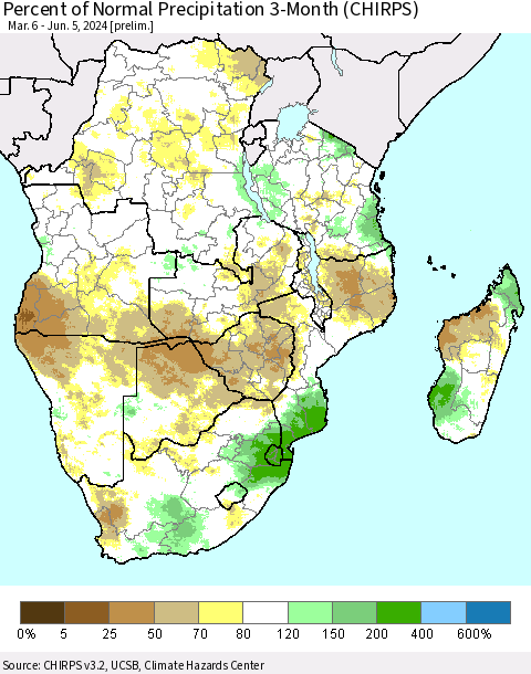 Southern Africa Percent of Normal Precipitation 3-Month (CHIRPS) Thematic Map For 3/6/2024 - 6/5/2024