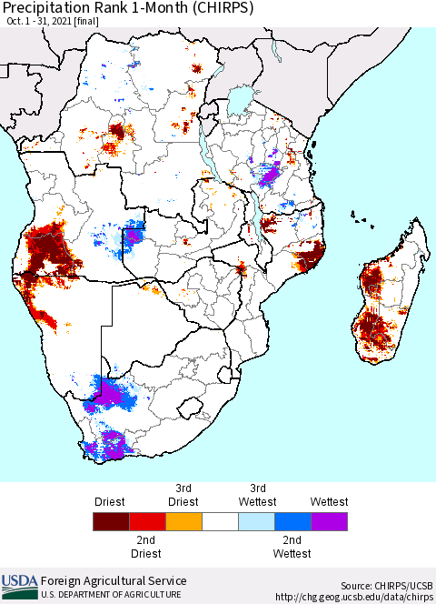 Southern Africa Precipitation Rank since 1981, 1-Month (CHIRPS) Thematic Map For 10/1/2021 - 10/31/2021
