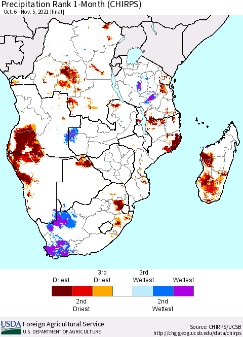 Southern Africa Precipitation Rank since 1981, 1-Month (CHIRPS) Thematic Map For 10/6/2021 - 11/5/2021