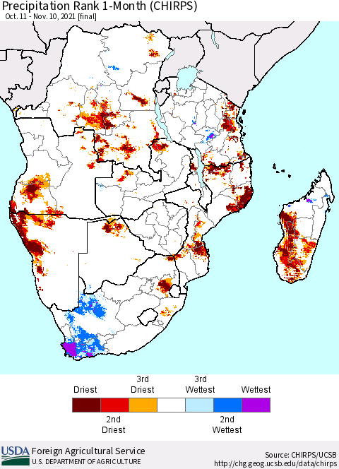 Southern Africa Precipitation Rank since 1981, 1-Month (CHIRPS) Thematic Map For 10/11/2021 - 11/10/2021