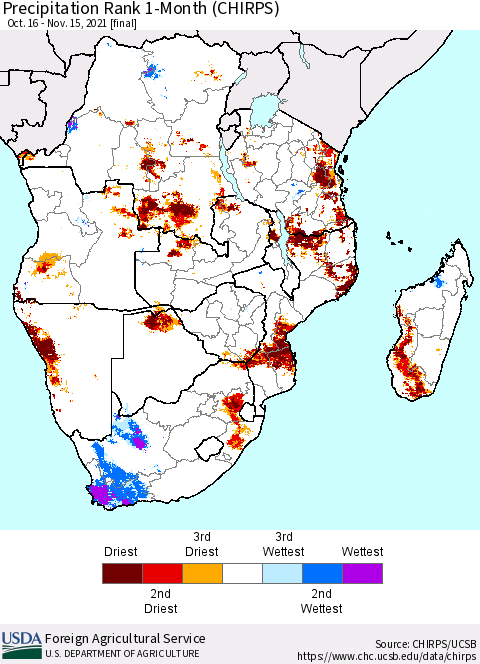 Southern Africa Precipitation Rank since 1981, 1-Month (CHIRPS) Thematic Map For 10/16/2021 - 11/15/2021