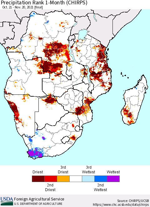 Southern Africa Precipitation Rank since 1981, 1-Month (CHIRPS) Thematic Map For 10/21/2021 - 11/20/2021