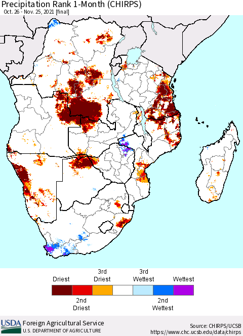 Southern Africa Precipitation Rank since 1981, 1-Month (CHIRPS) Thematic Map For 10/26/2021 - 11/25/2021