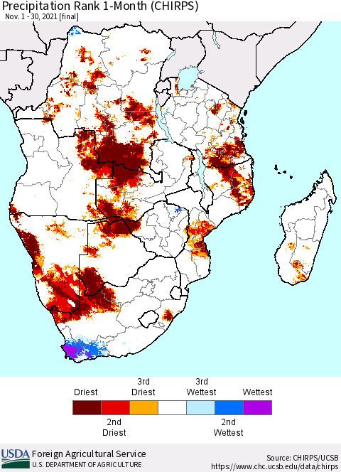 Southern Africa Precipitation Rank since 1981, 1-Month (CHIRPS) Thematic Map For 11/1/2021 - 11/30/2021