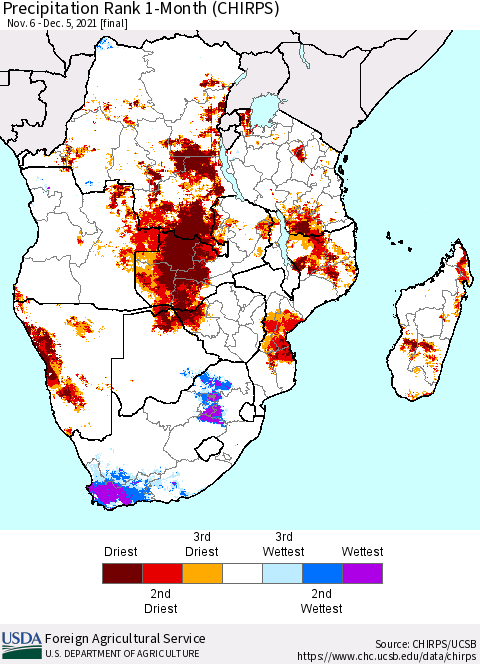 Southern Africa Precipitation Rank since 1981, 1-Month (CHIRPS) Thematic Map For 11/6/2021 - 12/5/2021
