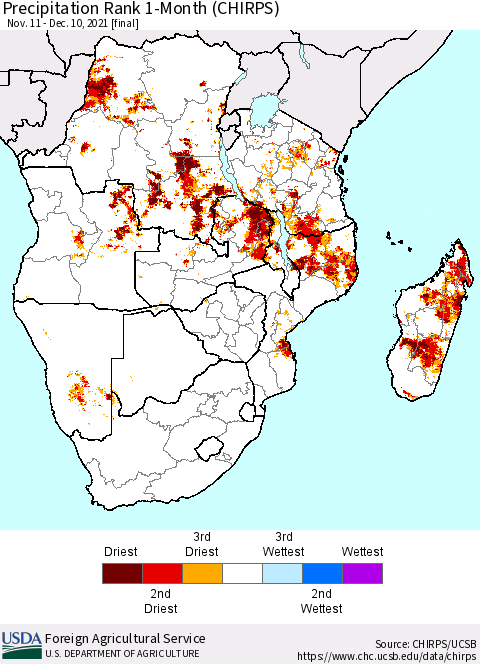 Southern Africa Precipitation Rank since 1981, 1-Month (CHIRPS) Thematic Map For 11/11/2021 - 12/10/2021